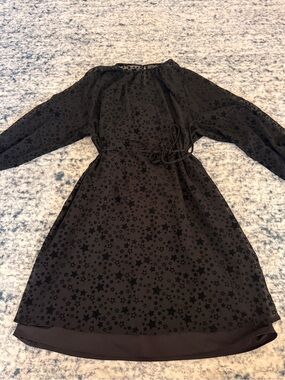 LOFT Black Star-Print Long Sleeve Tie-Waist Dress